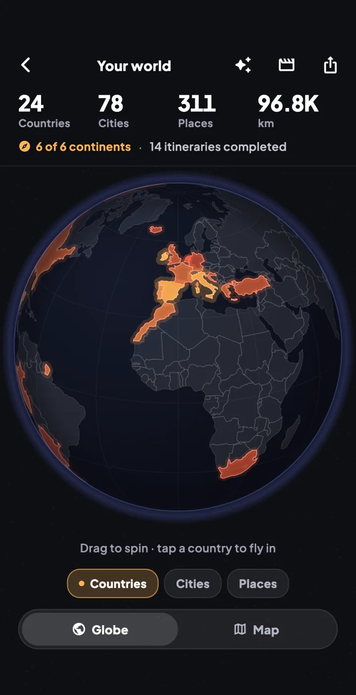 Pinfolk: Your world, a globe of the countries, cities and places you have been