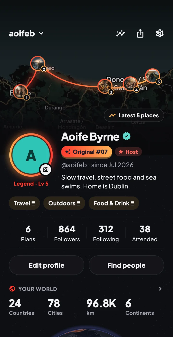 Pinfolk: a traveller profile with their latest places on a map, plans, followers and Your world
